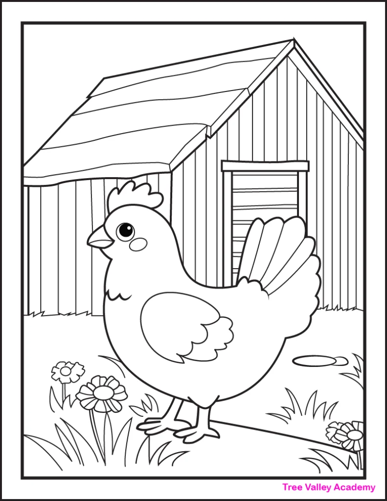 A printable chicken on a farm coloring page for kids. The chicken is standing in front of a barn, in an area with grass, and flowers.