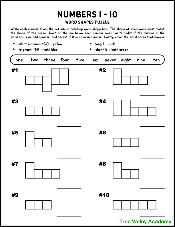 A free printable word shape puzzle that uses the number words from one to ten. Kids will need to write out the number words in a word box that matches the shape of the word. Afterwards they will color word boxes with silent consonants yellow; a trigraph THR light blue; a long I sound pink; and a short E sound light green.